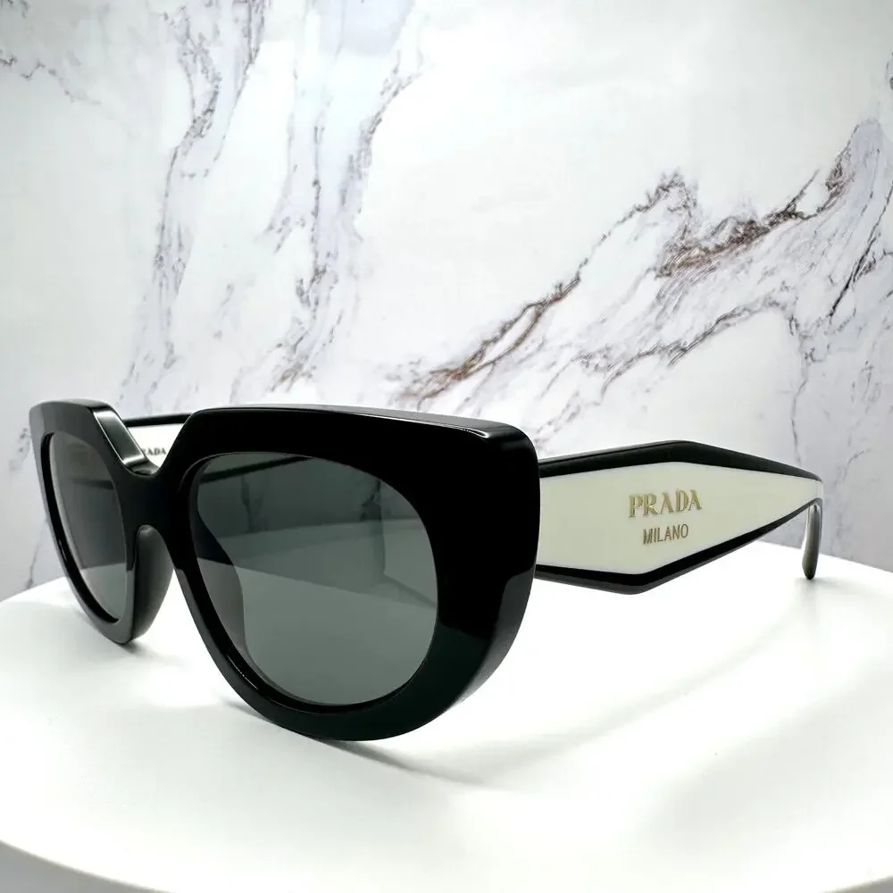 New PRADA Sunglasses Black White Talc Gold Symbole Oval Cat Eye Womens - Picture 3 of 16